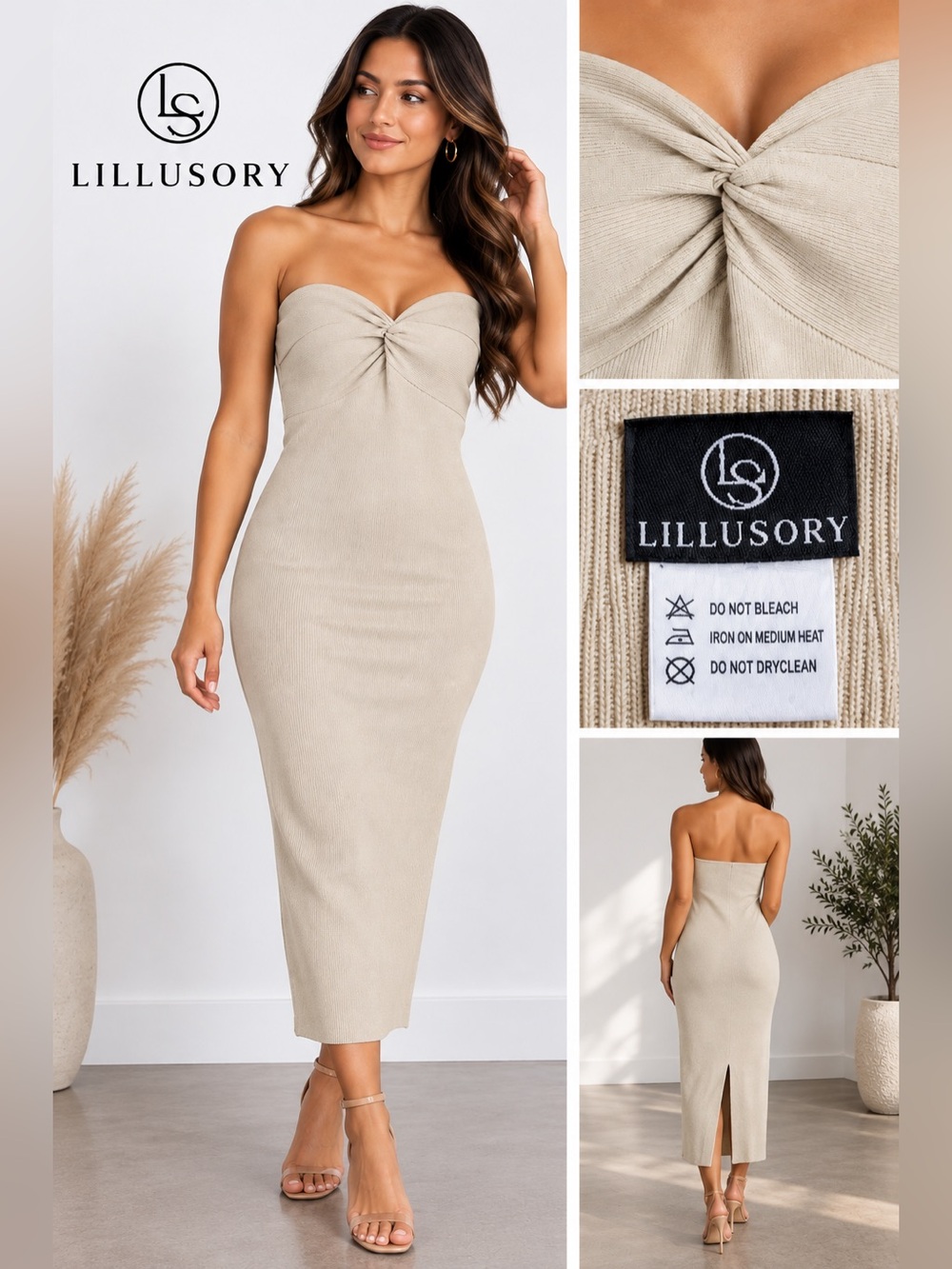 Lillusory Strapless Twist-Front Midi Dress in Light Beige